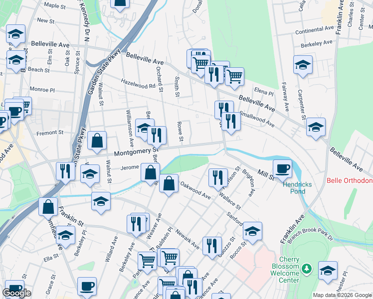 map of restaurants, bars, coffee shops, grocery stores, and more near 56 Montgomery Street in Bloomfield