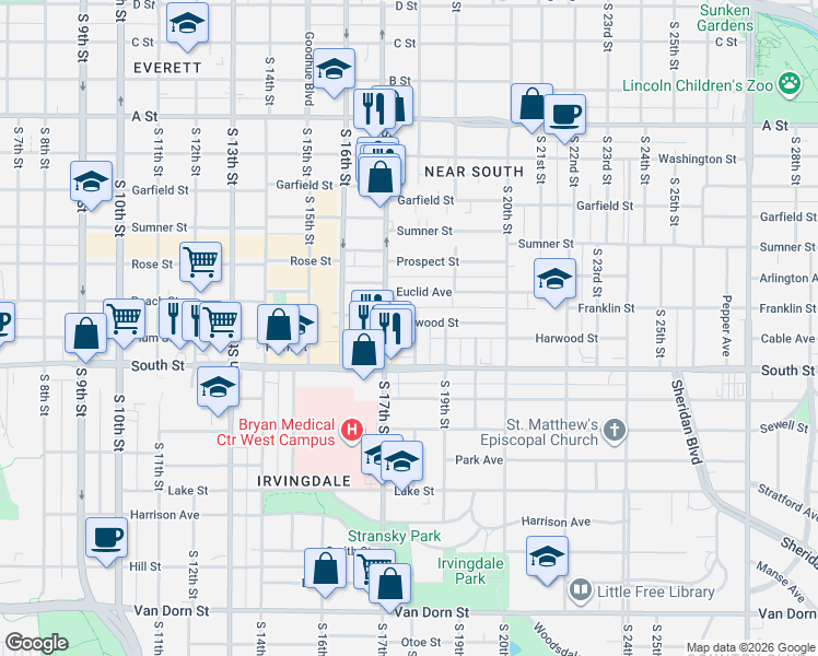 map of restaurants, bars, coffee shops, grocery stores, and more near 2035 South 18th Street in Lincoln