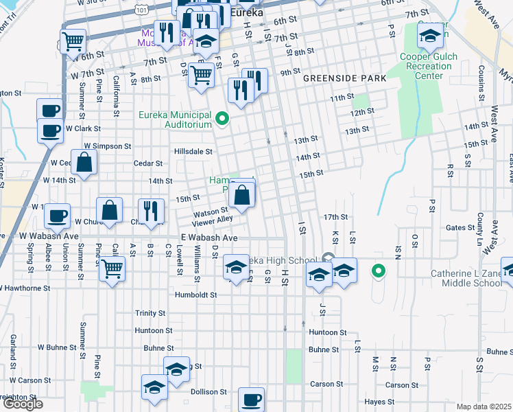 map of restaurants, bars, coffee shops, grocery stores, and more near 1604 G Street in Eureka