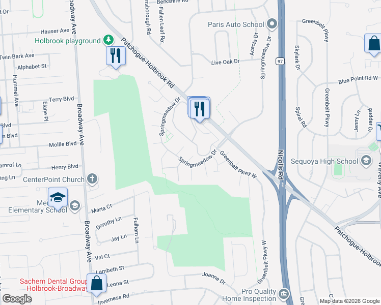 map of restaurants, bars, coffee shops, grocery stores, and more near 209G Springmeadow Drive in Holbrook