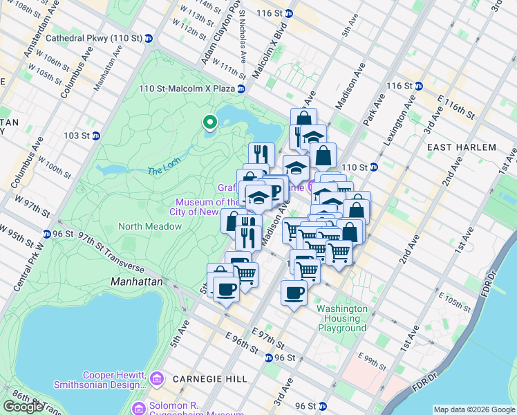 map of restaurants, bars, coffee shops, grocery stores, and more near 1 East 104th Street in New York