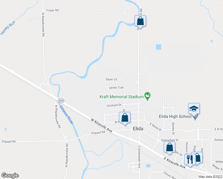 map of restaurants, bars, coffee shops, grocery stores, and more near 209 Oriole Trail in Elida