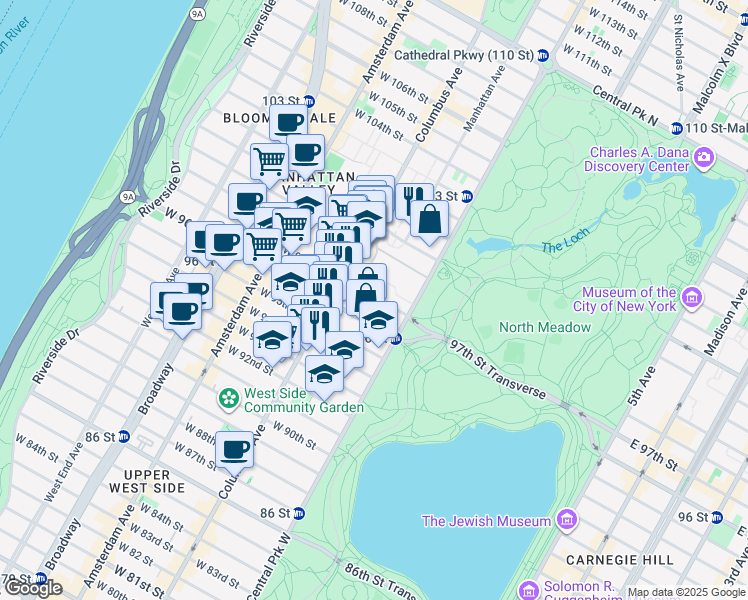 map of restaurants, bars, coffee shops, grocery stores, and more near 10 West 97th Street in New York