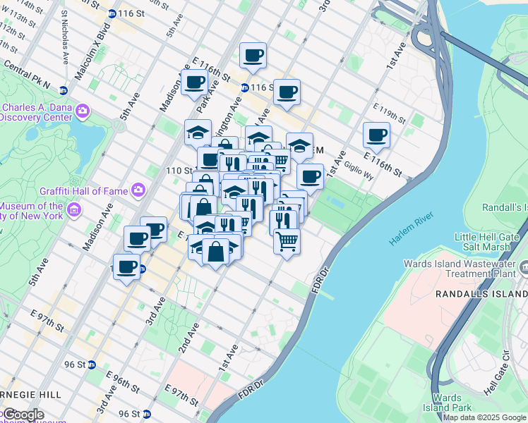 map of restaurants, bars, coffee shops, grocery stores, and more near 2132 2nd Avenue in New York