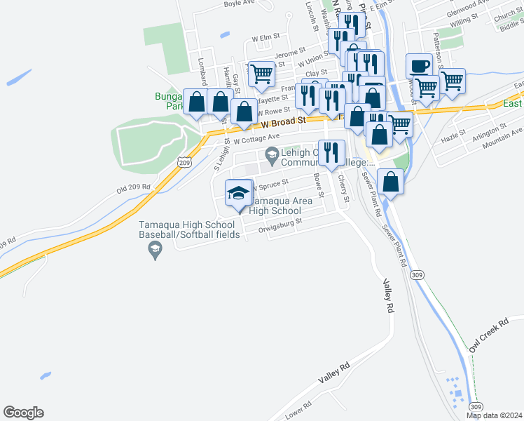 map of restaurants, bars, coffee shops, grocery stores, and more near Oak Street in Tamaqua