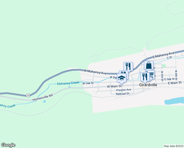 map of restaurants, bars, coffee shops, grocery stores, and more near 407 West Mahanoy Avenue in Girardville