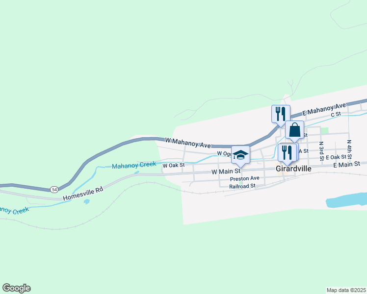 map of restaurants, bars, coffee shops, grocery stores, and more near 401 West Mahanoy Avenue in Girardville