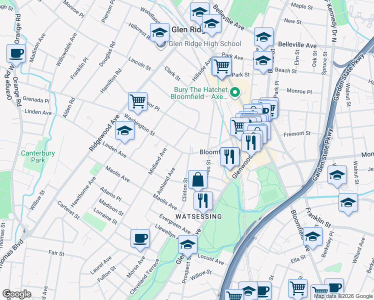 map of restaurants, bars, coffee shops, grocery stores, and more near 170 Washington Street in Bloomfield