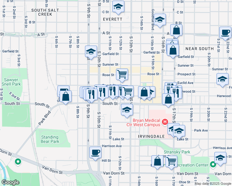 map of restaurants, bars, coffee shops, grocery stores, and more near 1130 Plum Street in Lincoln