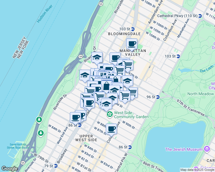 map of restaurants, bars, coffee shops, grocery stores, and more near 210 West 94th Street in New York
