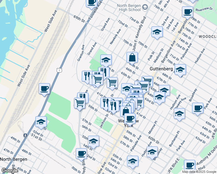 map of restaurants, bars, coffee shops, grocery stores, and more near 6122 Jefferson Street in West New York