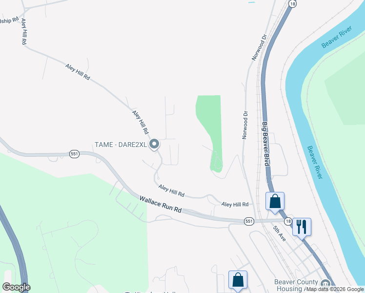 map of restaurants, bars, coffee shops, grocery stores, and more near 212 Aley Hill Road in Beaver Falls
