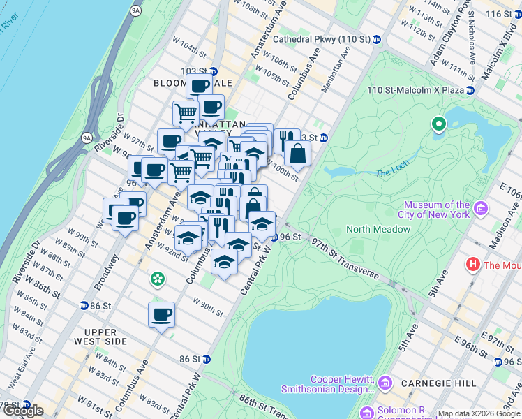 map of restaurants, bars, coffee shops, grocery stores, and more near 45 West 97th Street in New York