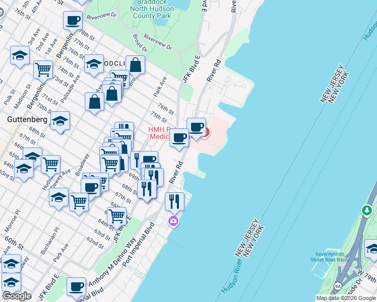 map of restaurants, bars, coffee shops, grocery stores, and more near 7400 River Road in North Bergen