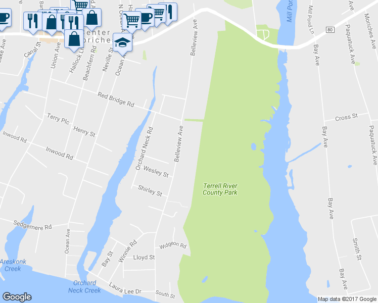 map of restaurants, bars, coffee shops, grocery stores, and more near 109 Belleview Avenue in Center Moriches