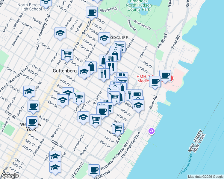map of restaurants, bars, coffee shops, grocery stores, and more near 125 70th Street in Guttenberg