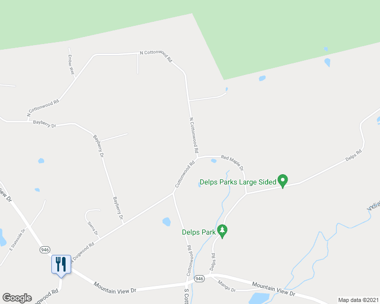 map of restaurants, bars, coffee shops, grocery stores, and more near 1221 North Cottonwood Road in Danielsville