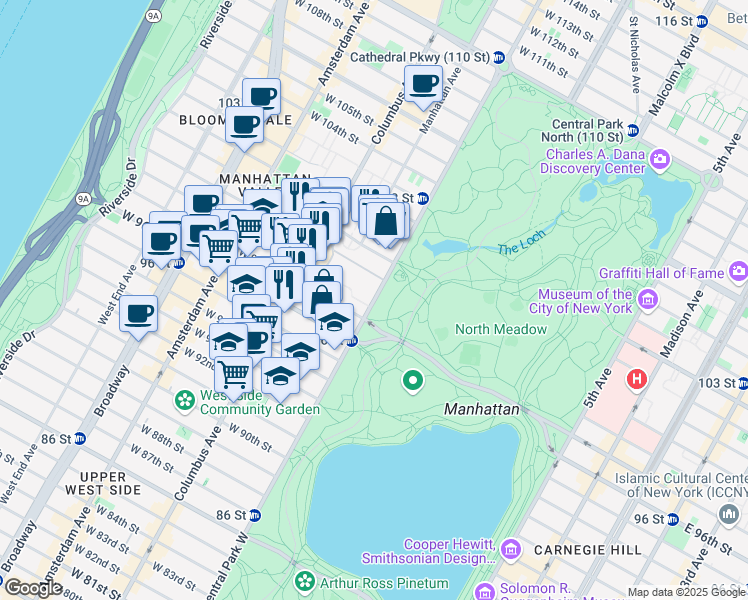 map of restaurants, bars, coffee shops, grocery stores, and more near 383 Central Park West in New York