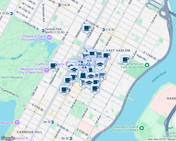 map of restaurants, bars, coffee shops, grocery stores, and more near 178 East 108th Street in New York