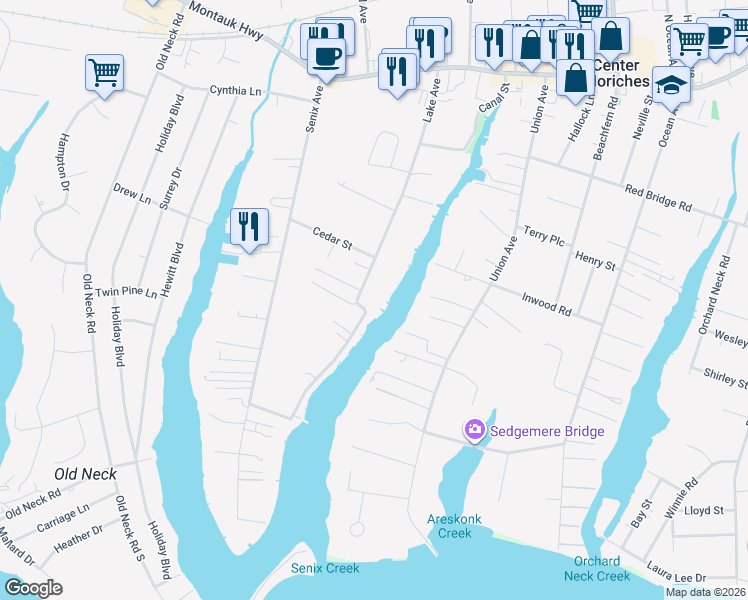 map of restaurants, bars, coffee shops, grocery stores, and more near 79 Lake Avenue in Center Moriches