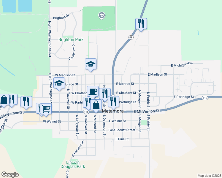 map of restaurants, bars, coffee shops, grocery stores, and more near 201-299 East Chatham Street in Metamora