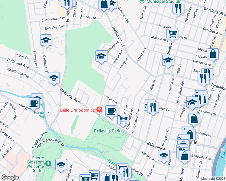map of restaurants, bars, coffee shops, grocery stores, and more near Crescent Terrace & Laurel Court in Belleville