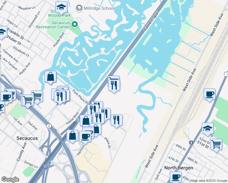 map of restaurants, bars, coffee shops, grocery stores, and more near 400 Park Plaza Drive in Secaucus