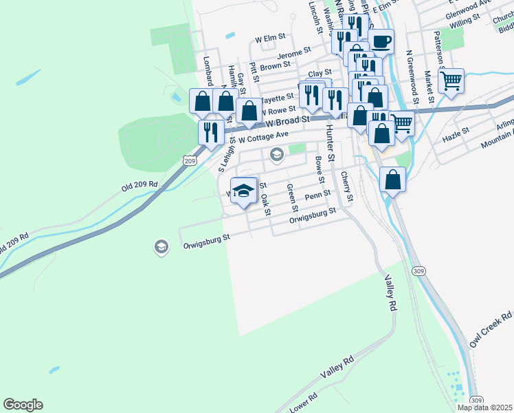 map of restaurants, bars, coffee shops, grocery stores, and more near 313 Penn Street in Tamaqua
