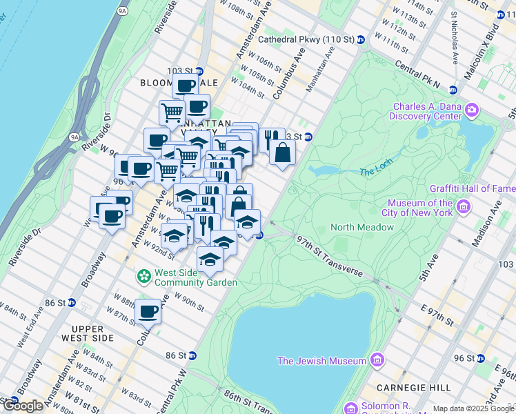 map of restaurants, bars, coffee shops, grocery stores, and more near 10 West 97th Street in New York