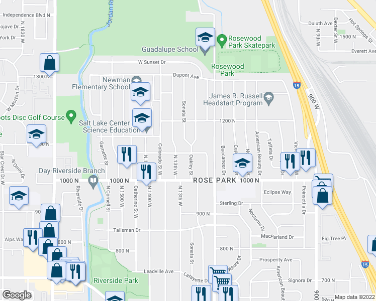 map of restaurants, bars, coffee shops, grocery stores, and more near 1054 North 1300 West in Salt Lake City