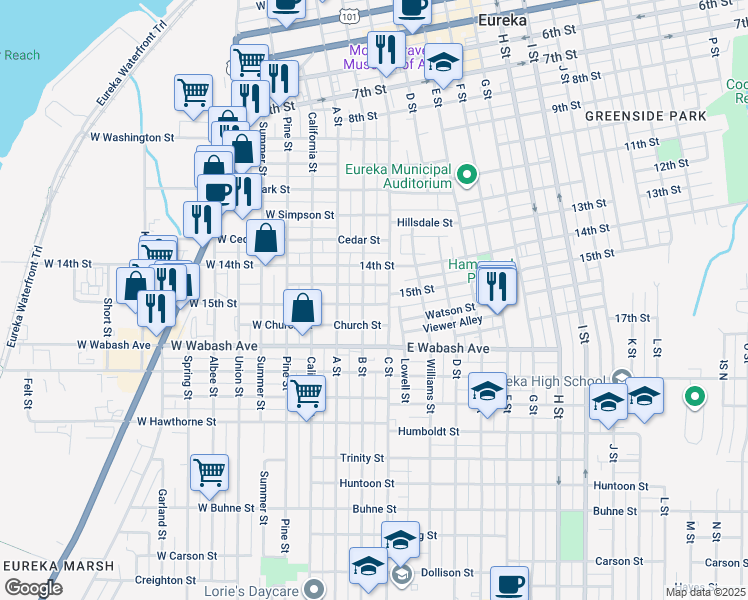 map of restaurants, bars, coffee shops, grocery stores, and more near 1615 C Street in Eureka