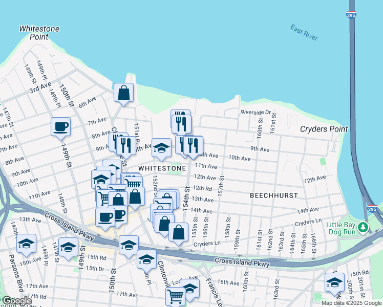 map of restaurants, bars, coffee shops, grocery stores, and more near 1030 154th Street in Queens