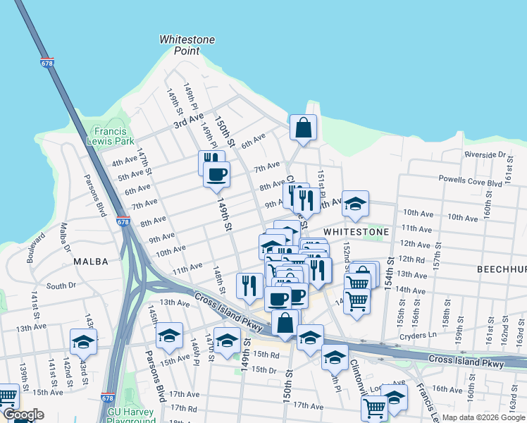 map of restaurants, bars, coffee shops, grocery stores, and more near 9-15 150th Street in Queens
