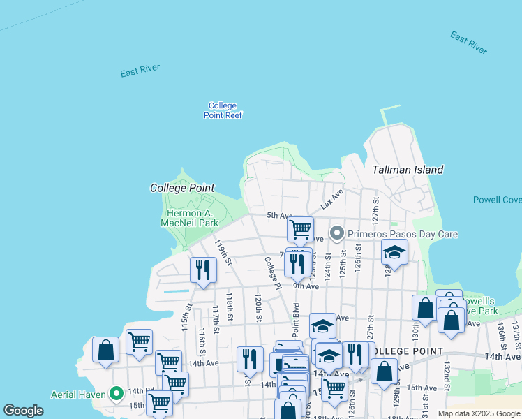 map of restaurants, bars, coffee shops, grocery stores, and more near 5-07 College Place in Queens