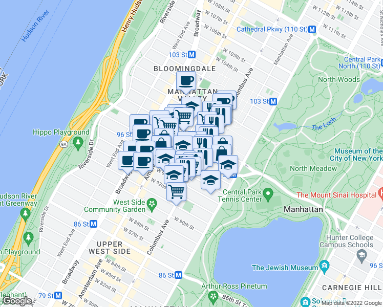 map of restaurants, bars, coffee shops, grocery stores, and more near 750 Columbus Avenue in New York