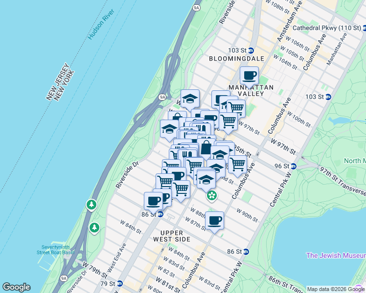 map of restaurants, bars, coffee shops, grocery stores, and more near 2481 Broadway in New York