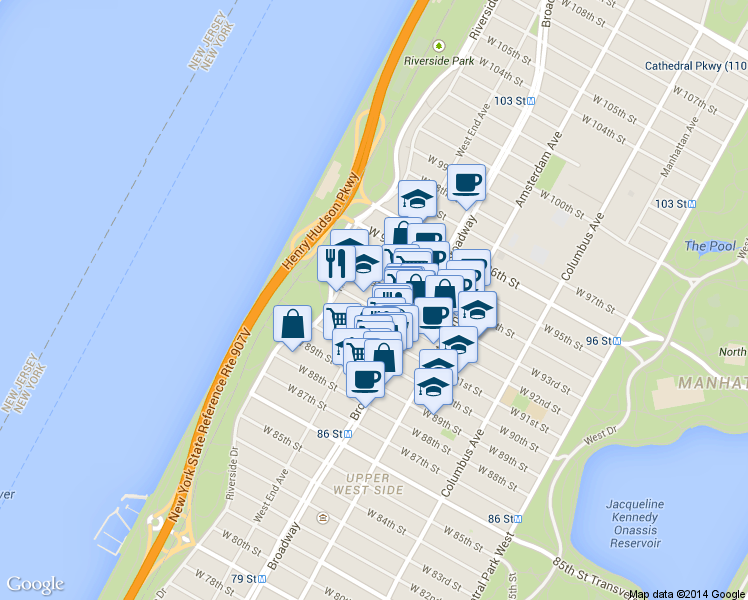 map of restaurants, bars, coffee shops, grocery stores, and more near in New York