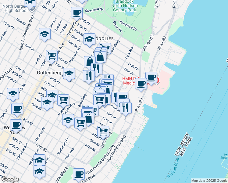 map of restaurants, bars, coffee shops, grocery stores, and more near 78 70th Street in Guttenberg