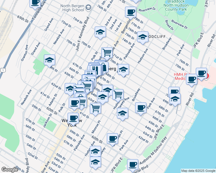map of restaurants, bars, coffee shops, grocery stores, and more near 418 65th Street in West New York