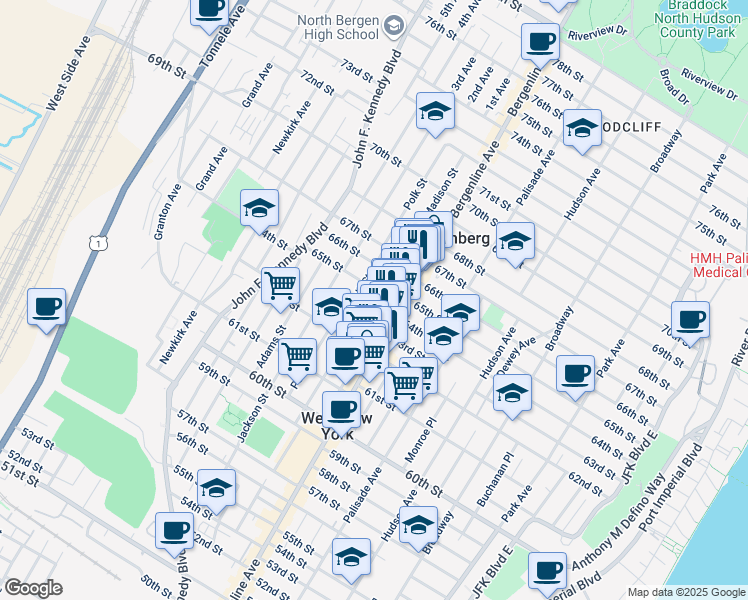 map of restaurants, bars, coffee shops, grocery stores, and more near 6310 Madison Street in West New York
