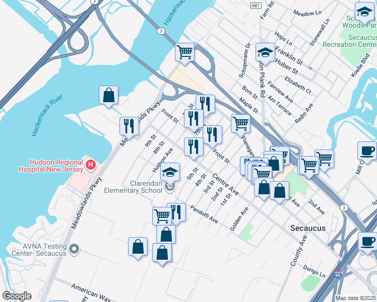 map of restaurants, bars, coffee shops, grocery stores, and more near 268 Centre Avenue in Secaucus