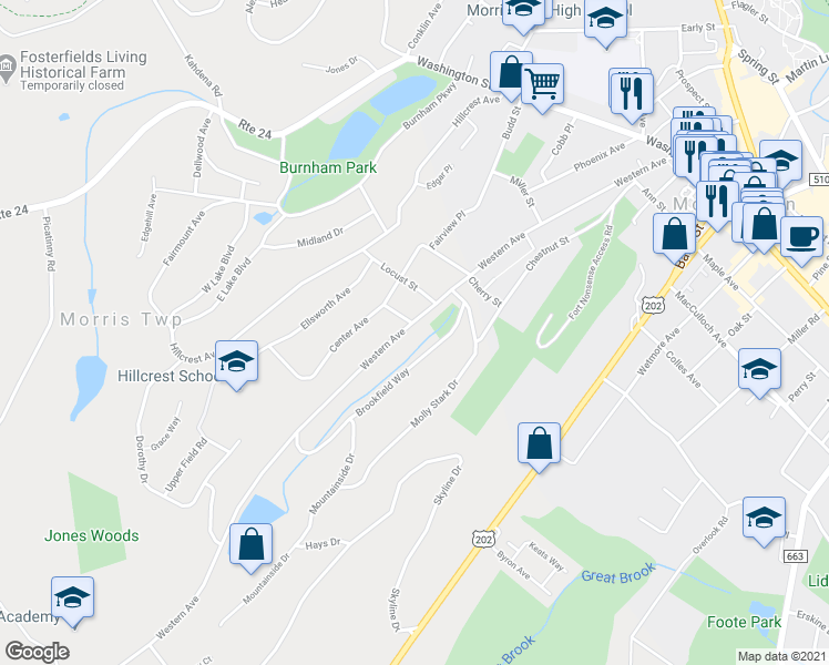 map of restaurants, bars, coffee shops, grocery stores, and more near 156 Western Avenue in Morristown