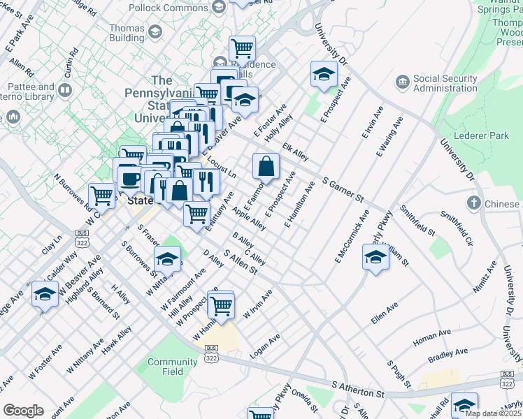 map of restaurants, bars, coffee shops, grocery stores, and more near 219 East Prospect Avenue in State College