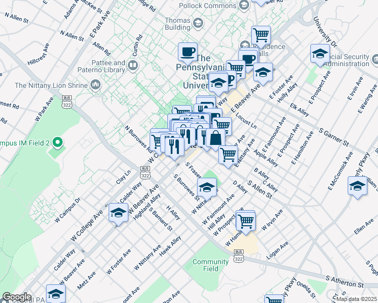 map of restaurants, bars, coffee shops, grocery stores, and more near 66 D Alley in State College