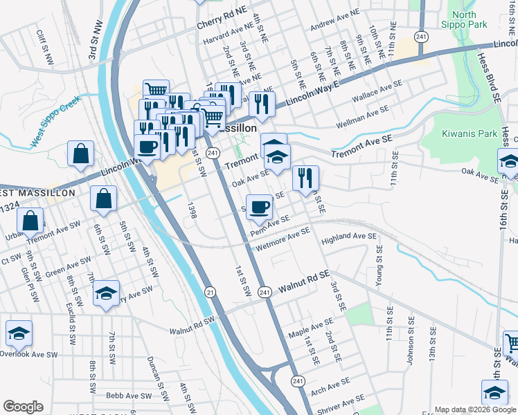 map of restaurants, bars, coffee shops, grocery stores, and more near 428 Erie Street South in Massillon