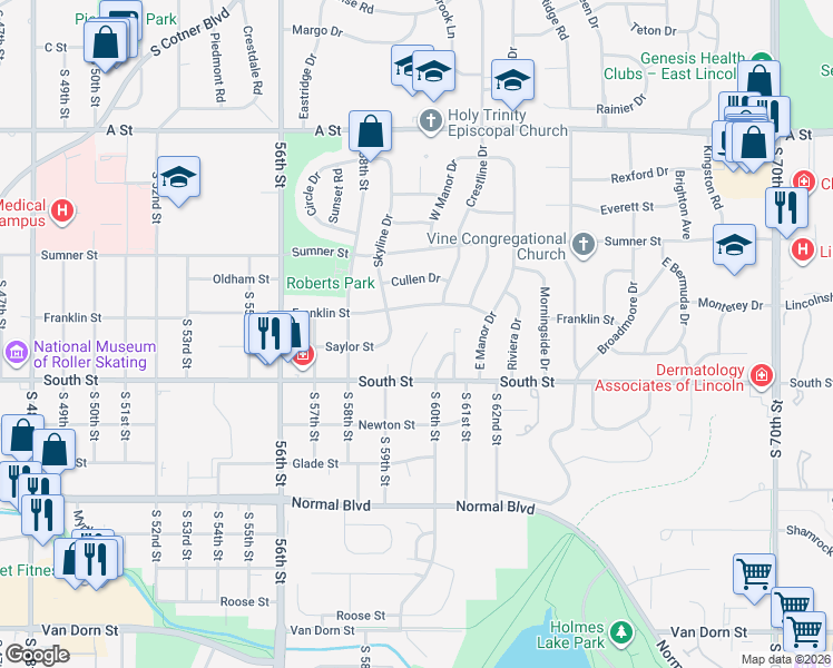 map of restaurants, bars, coffee shops, grocery stores, and more near 1941 Manor Court in Lincoln