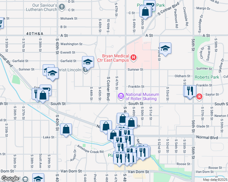 map of restaurants, bars, coffee shops, grocery stores, and more near 2001 South 47th Street in Lincoln