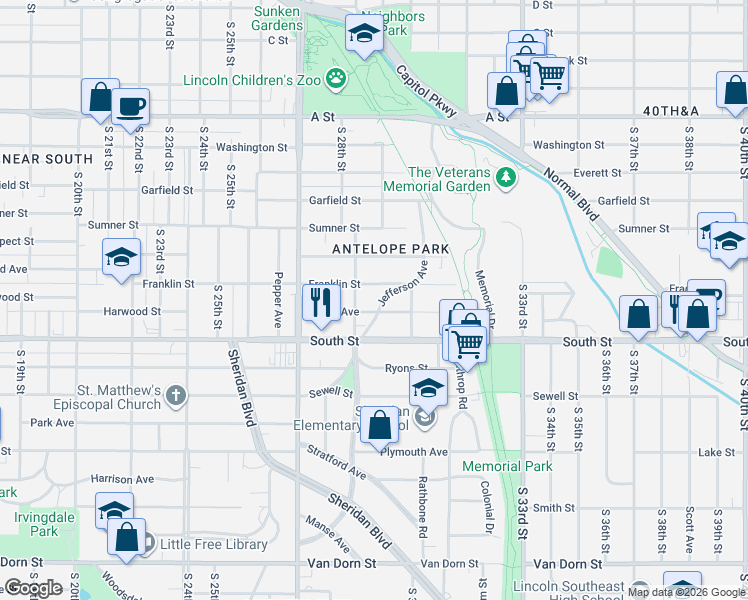 map of restaurants, bars, coffee shops, grocery stores, and more near 2001 Jefferson Avenue in Lincoln