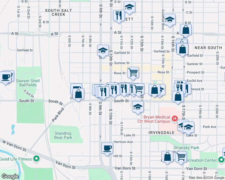 map of restaurants, bars, coffee shops, grocery stores, and more near 1021 Plum Street in Lincoln