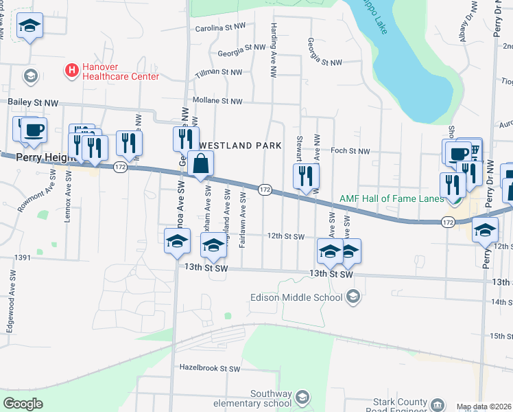 map of restaurants, bars, coffee shops, grocery stores, and more near 209 Harding Avenue Southwest in Massillon